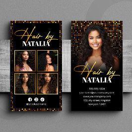 Cartão De Visita Stylist de Cabelo de Foto Sparkle Preto Dourado El