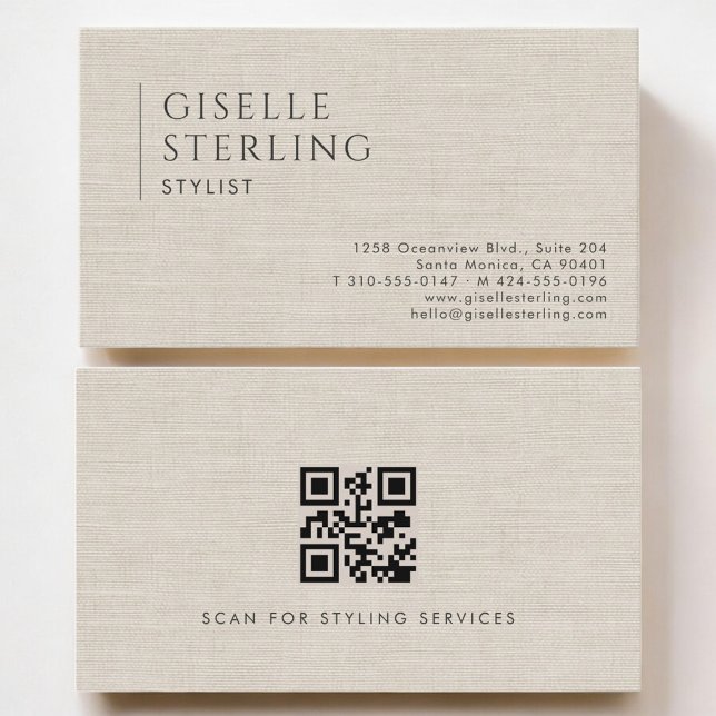 Cartão De Visita Stylist Luxury Neutral Linen QR Code (Criador carregado)