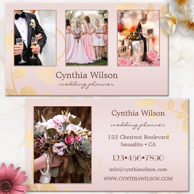 Cartão De Visita Suas 4 Fotos Esmagam Dourado Planejador De Casamen (Wedding planner business card - chic gold floral on feminine pink with custom photos - event planner)