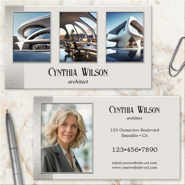 Cartão De Visita Suas Fotos Arquitetura Metálica Moderna em Tom (Architect business card featuring your photos framed by a modern tan design with metal look strip)