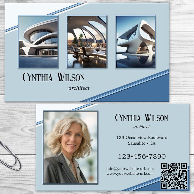 Cartão De Visita Suas Fotos Arquitetura Moderna Azul (Business card featuring your photos framed by a modern blue geometric design - architect - design)