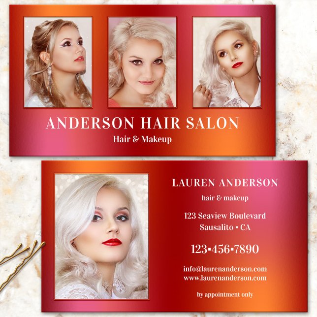 Cartão De Visita Suas fotos, Glam Hair BeauCartão de visita (Glam colorful photo business card for a beauty professional, hair stylist, makeup or nail salon)