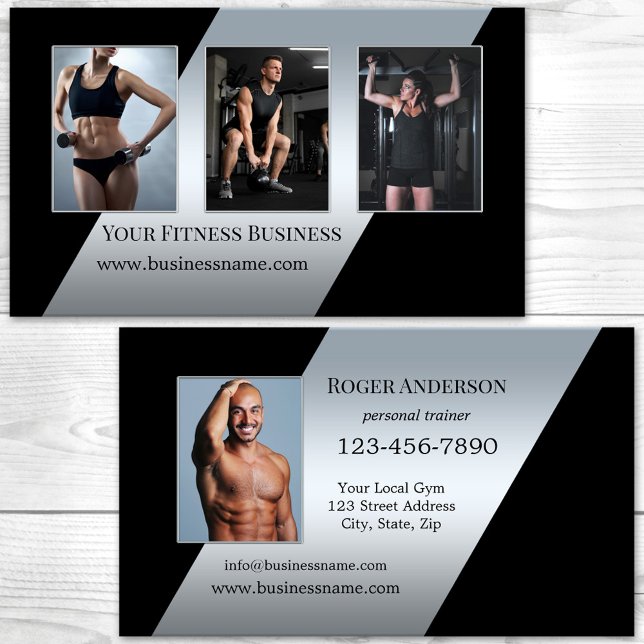 Cartão De Visita Suas fotos Prateam o Treinador Pessoal Preto (Fitness personal trainer business card featuring your photos on a black with silver modern design)