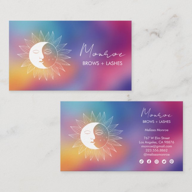 Cartão De Visita Sun & Moon Boho Line Art Chic Rainbow Social Icons (Frente/Verso)