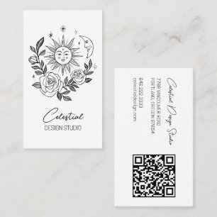 Cartão De Visita Sun Moon e Rosas Magical Boho Botânico QR PERSONAL