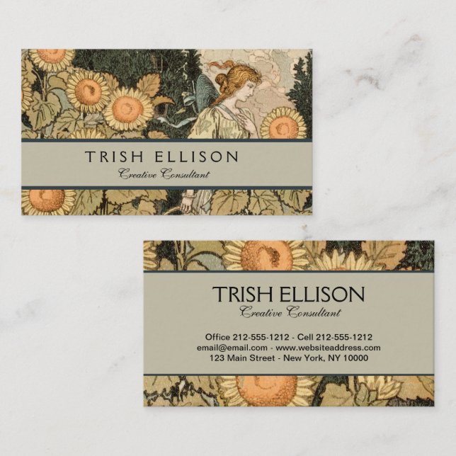 Cartão De Visita Sunflower Art Nouveau Garden Grasset Woman (Frente/Verso)