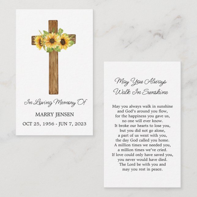 Cartão De Visita Sunflower Cross Memorial Funeral Prayer Card (Frente/Verso)