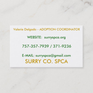 Cartão De Visita SURRY CO. SPCA, Valerie Delgado - ADOPÇÃO COOR…