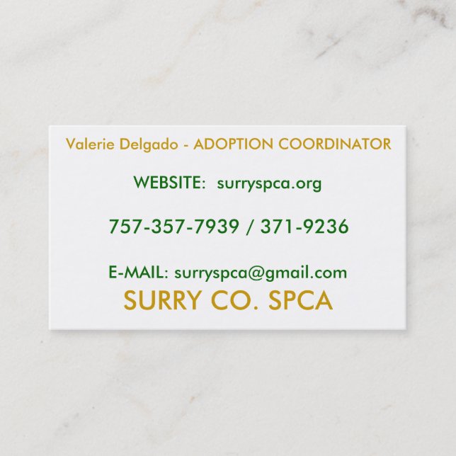 Cartão De Visita SURRY CO. SPCA, Valerie Delgado - ADOPÇÃO COOR… (Frente)