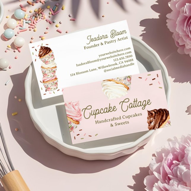 Cartão De Visita Sweet Treats Cupcakes & Cakes Elegant Floral  (Sweet Treats Cupcakes & Cakes Elegant Floral Business Card)