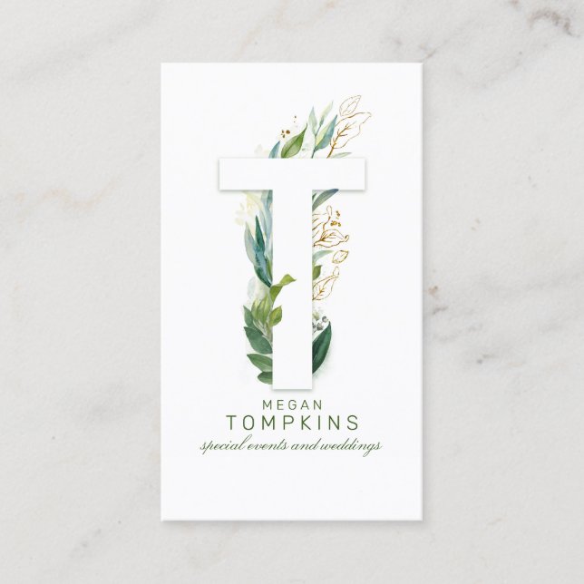 Cartão De Visita T - Letra Monograma Verde Dourado Deixa Elegante (Frente)