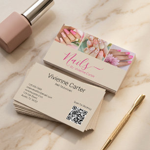 Cartão De Visita Tan Fuchsia Rosa Quente Script 3 Foto Código QR de