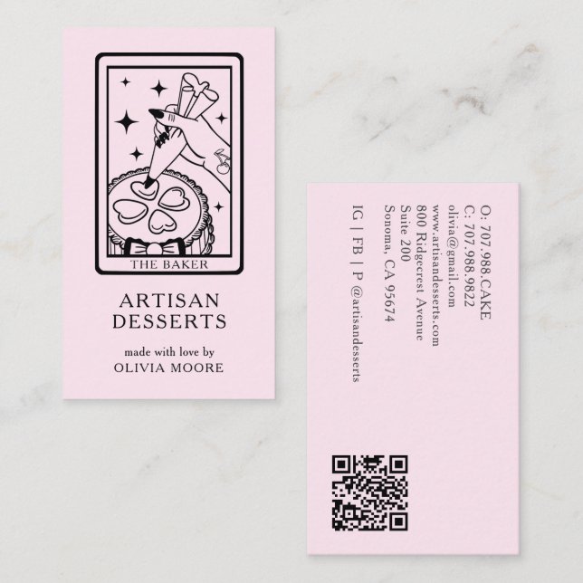 Cartão De Visita Tarot Artisan Baker Dessert Caterer QR Code Pink (Frente/Verso)