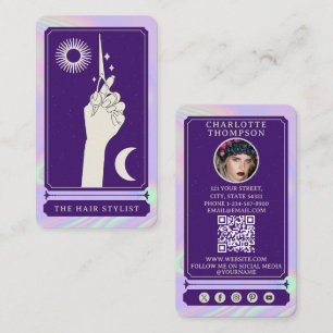 Cartão De Visita Tarot Celestial Foto Cabeleireiro Holográfico