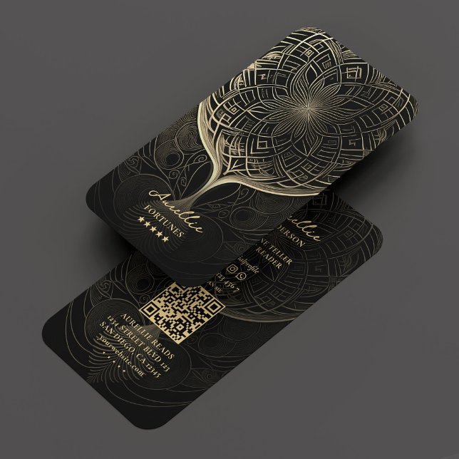 Cartão De Visita Tarot Reader Psicico Elegante Negro Dourado Mandal (Fortune Teller Tarot Psychic Elegant Black Gold Business Card
)