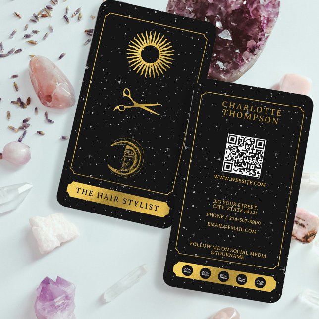 Cartão De Visita Tarot Sun Moon Hairdresser Negro Dourado (Celestial Tarot Sun Moon Hairdresser Black Gold Business Card)