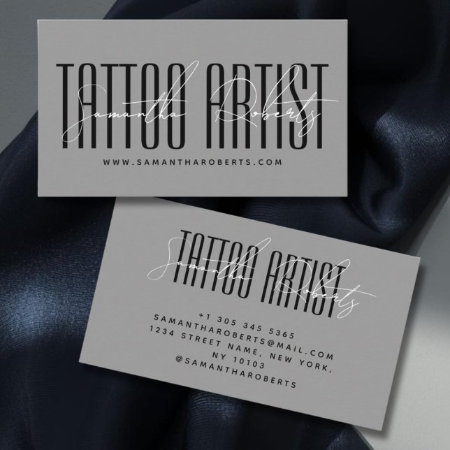 Cartão De Visita Tattoo artist modern typography script gray (Criador carregado)