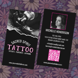 Cartão De Visita Tatuador Código QR de Foto Texto Moderno Branco 2
