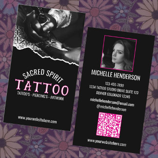 Cartão De Visita Tatuador Código QR de Foto Texto Moderno Branco 2