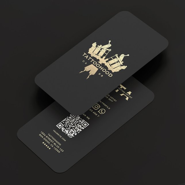 Cartão De Visita Tatuador Elegante Moderno Monograma Dourado Preto (Modern Elegant Tattoo Artist Black Gold Monogram Business Card
)
