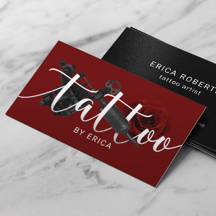 Cartão De Visita Tatuador Tattoo Gun & Rosa Tipografia Vermelho