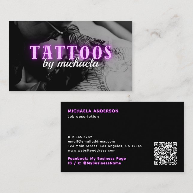 Cartão De Visita Tatuagem Artista Foto Personalizada Roxo Neon (Frente/Verso)