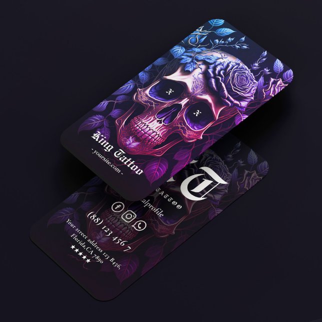 Cartão De Visita Tatuagem Moderna Artista Gótico do Crânio Azul Rox (Modern Tattoo Artist Skull Goth Blue Purple Business Card
)