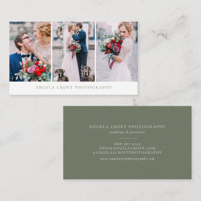 Cartão De Visita Taupe Green - Três Fotógrafo De Colagem De Fotos (Frente/Verso)