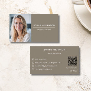Cartão De Visita Taupe QR de Foto Personalizada Profissional Modern