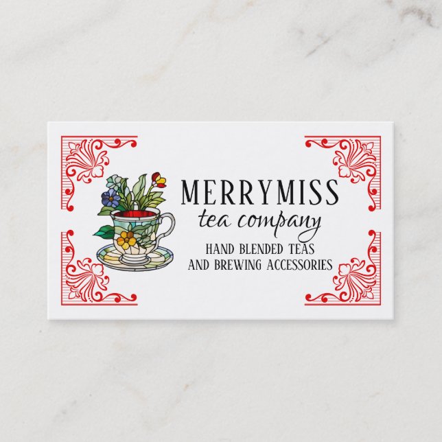 Cartão De Visita Teacup de vidro retido, chás com a mão misturadas (Frente)