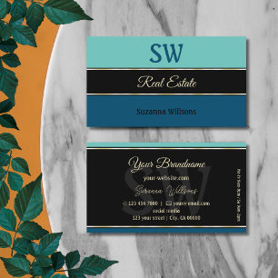 Cartão De Visita Teal Blue Borders em Black Na moda com Monograma