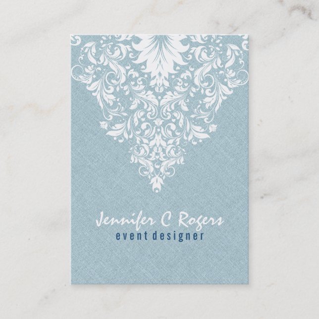 Cartão De Visita Teal Blue Linen Textura White Floral (Frente)