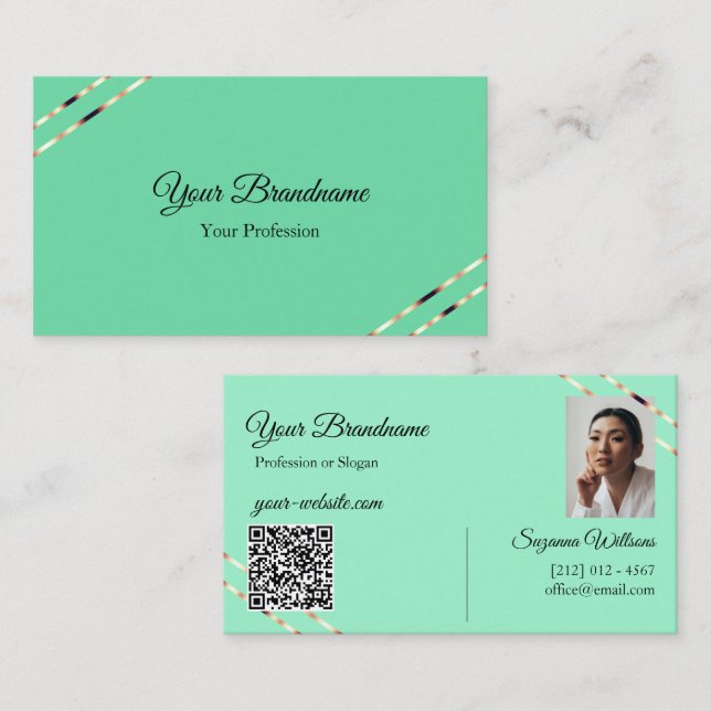 Cartão De Visita Teal Claro com Linhas em Dourado Rosa Foto e Códig (Frente/Verso)