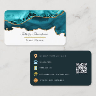 Cartão De Visita Teal - Código QR de pedra de Ágata Turquesa e Dour