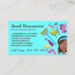 Cartão De Visita Teal Dark Skin Janitorial Lady House Clearing