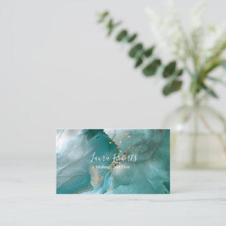 Cartão De Visita Teal de Aquarela Elegante moderno e Dourado