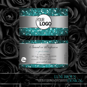 Cartão De Visita Teal Glitter Sparkle Stars Logotipo Prata Decorati