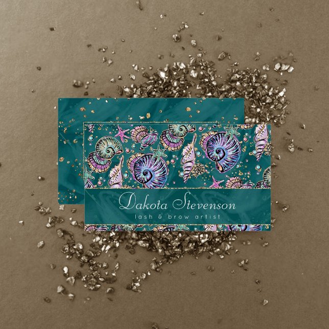 Cartão De Visita Teal Luxe submarino | Pás Douradas do Pastel Verde (Criador carregado)