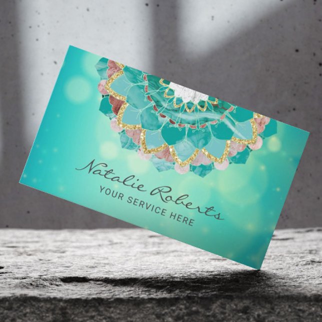 Cartão De Visita Teal Moderno e Dourado Mandala Flor Spa Salão (Criador carregado)