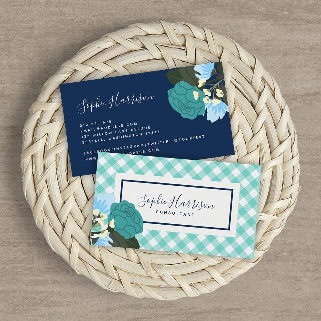 Cartão De Visita Teal Rosa Floral e Mint Gingham (Criador carregado)