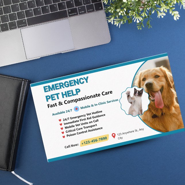 Cartão De Visita Teal & Yellow Pet Emergency Veterinary - Emergency (Modern Veterinary Business Cards for Pet & Animal Care)