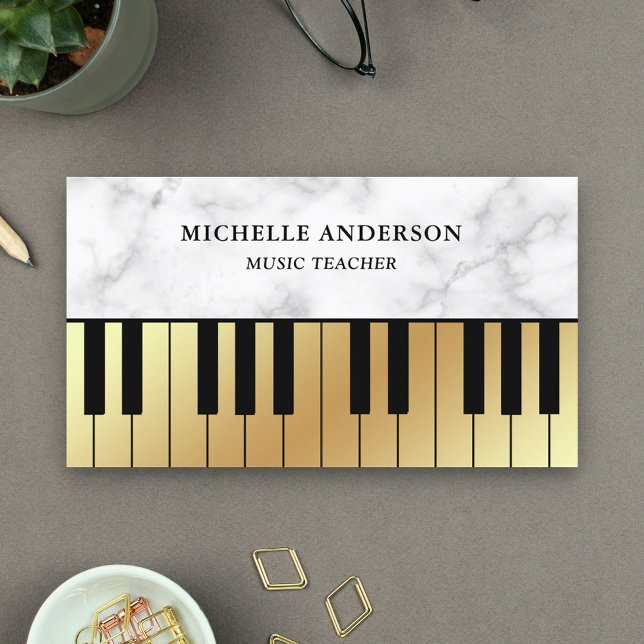 Cartão De Visita Teclado de Piano de Ouro de Mármore Branco Profess (Criador carregado)