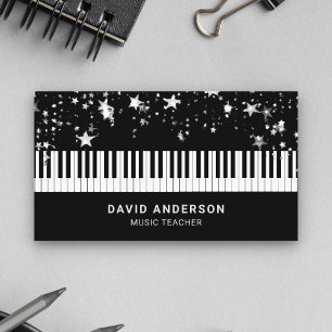 Cartão De Visita Teclado de Piano Prateado Confete Músico Pianista