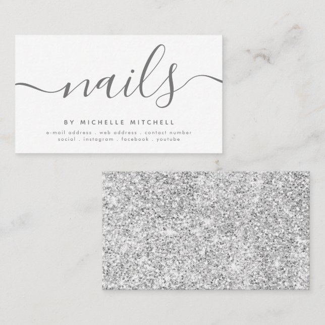 Cartão De Visita Teclado Glitter Nail de Silver Faux Branco  (Frente/Verso)