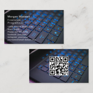 Cartão De Visita Teclado Programador de Computador Código QR azul