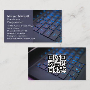 Cartão De Visita Teclado Programador de Computador Código QR azul
