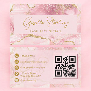 Cartão De Visita Técnico de Cílios Luxuoso Código QR de Ágata Rosa 