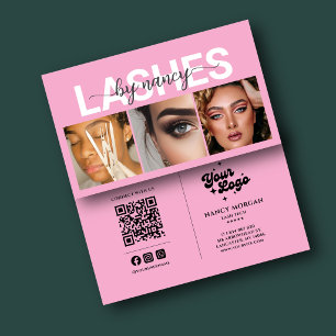 Cartão De Visita Técnico de Cílios Rosa 3 Grade de Fotos Código Qr 