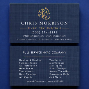 Cartão De Visita Técnico de HVAC Azul Marinho Dourado Lino