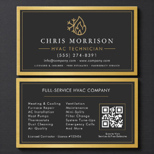 Cartão De Visita Técnico de HVAC Simples QR Code Metálico Dourado